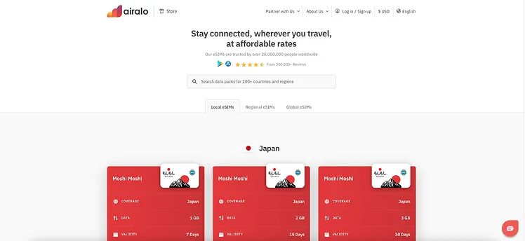Airalo's Moshi Moshi Japan eSIM provides 1–3GB data with 7–30 days validity for staying connected, wherever you travel