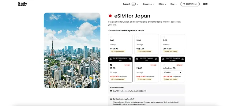 Saily offers Japan eSIM plans with fixed data from 1–20GB and unlimited options, plus a free basic NordVPN service with 10GB, 20GB, and unlimited plans