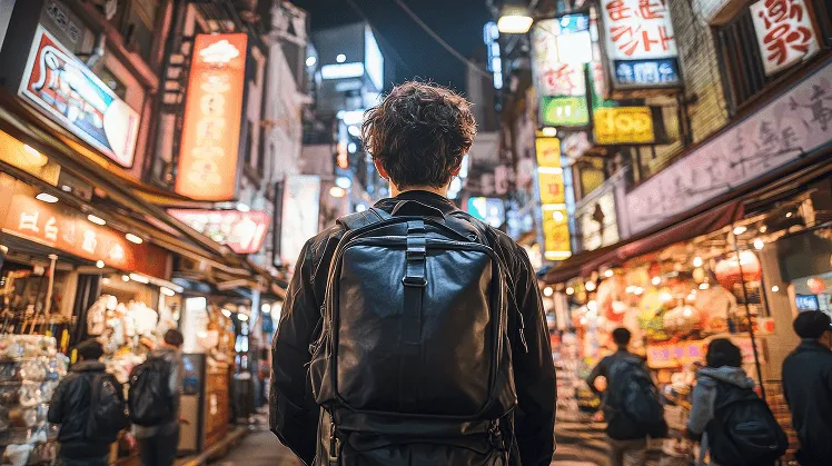 A man with a backpack stands at the heart of Shinjuku’s vibrant streets, surrounded by the glow of neon lights, bustling crowds, countless local shops, and small eateries
