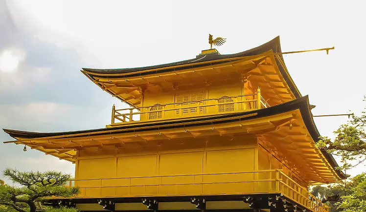UNESCO World Cultural Heritage Site, a close-up view of the Kinkaku-ji temple, with its flaunting golden exterior
